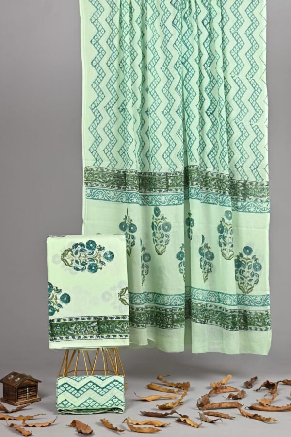 Mint green hand block printed cotton suit with floral border and matching cotton dupatta with zigzag print