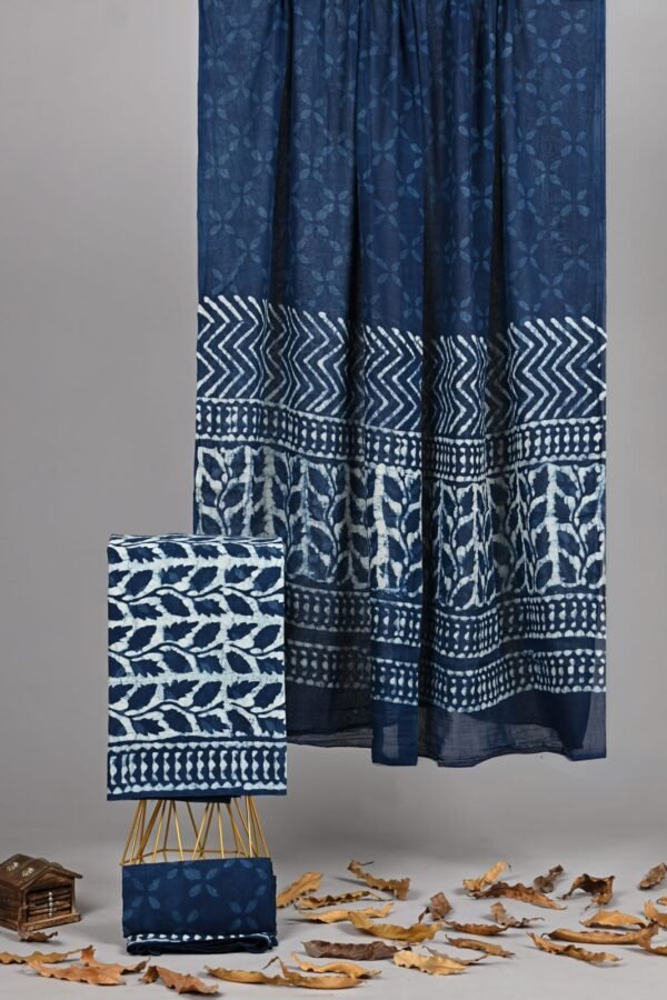 Indigo blue hand block printed cotton suit fabric with leaf border and matching dupatta