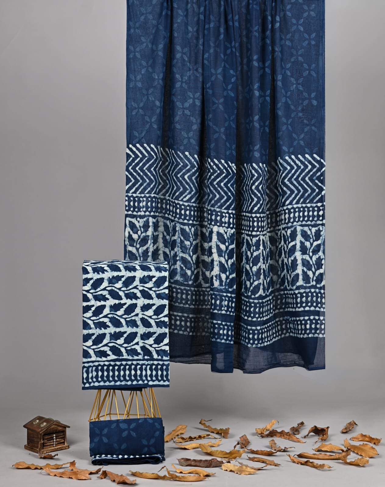 Indigo blue hand block printed cotton suit fabric with leaf border and matching dupatta