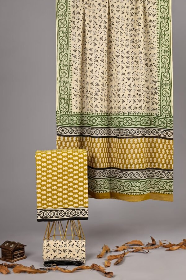 Cream hand block printed cotton suit with green border and mustard bird motif, cotton dupatta