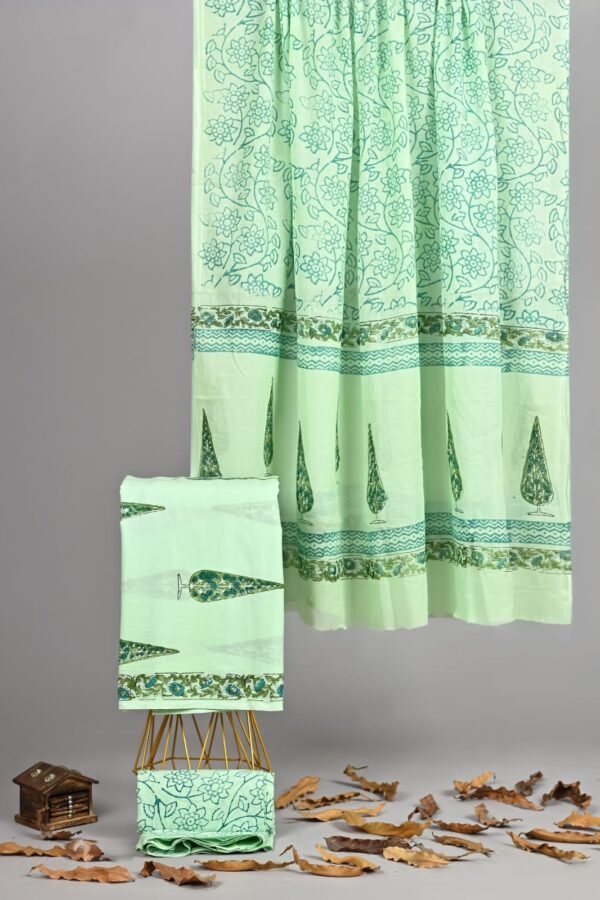 Mint green hand block printed cotton suit with teal floral motifs and cypress border, with dupatta
