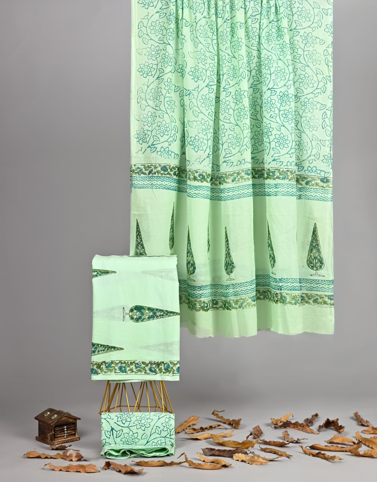 Mint green hand block printed cotton suit with teal floral motifs and cypress border, with dupatta