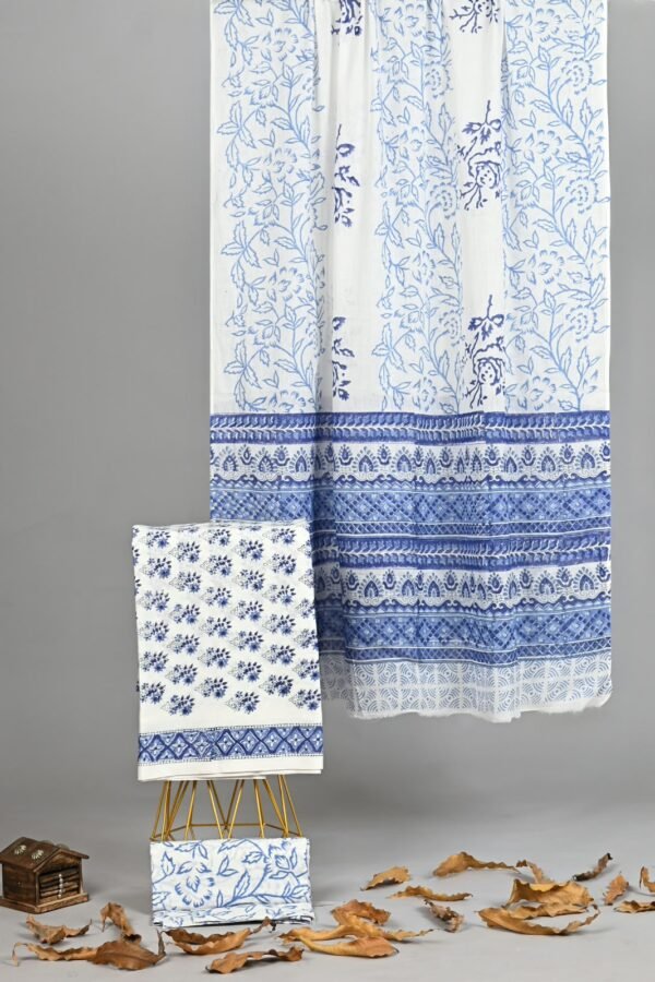 Blue and white hand block printed cotton suit set with floral dupatta and matching fabric