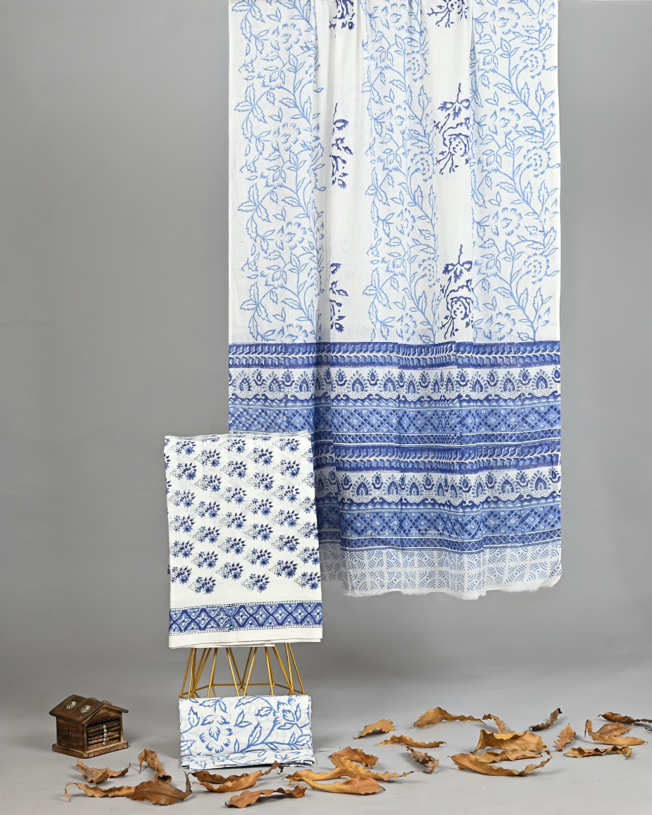 Blue and white hand block printed cotton suit set with floral dupatta and matching fabric