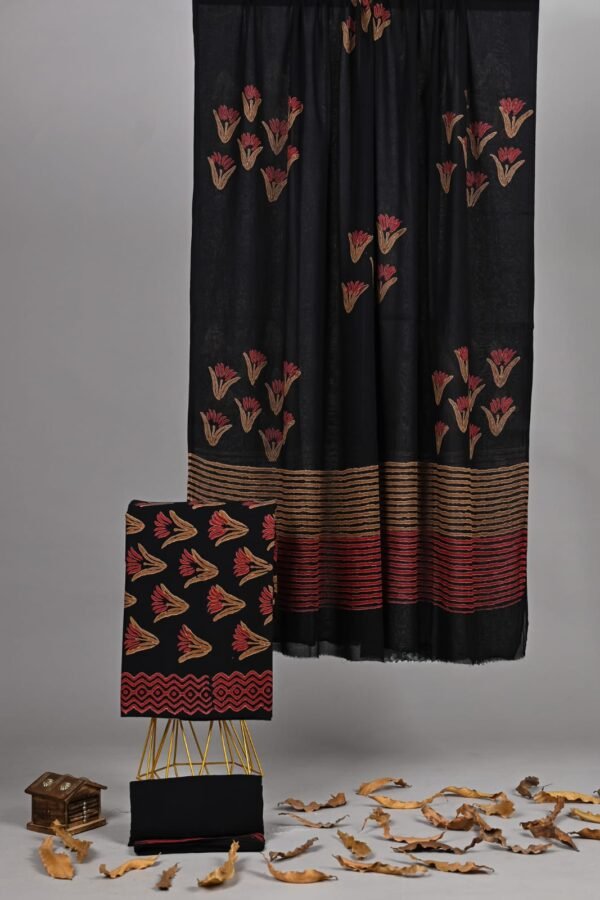 Black hand block printed cotton suit and dupatta with red-gold floral motifs and striped border