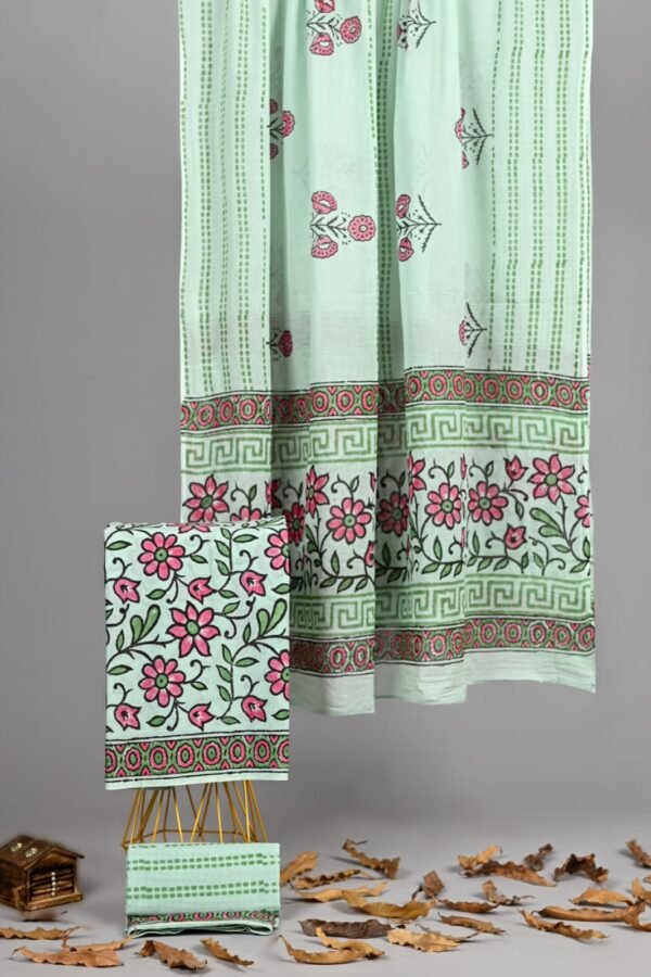 Mint green hand block printed cotton suit and dupatta with pink floral border design