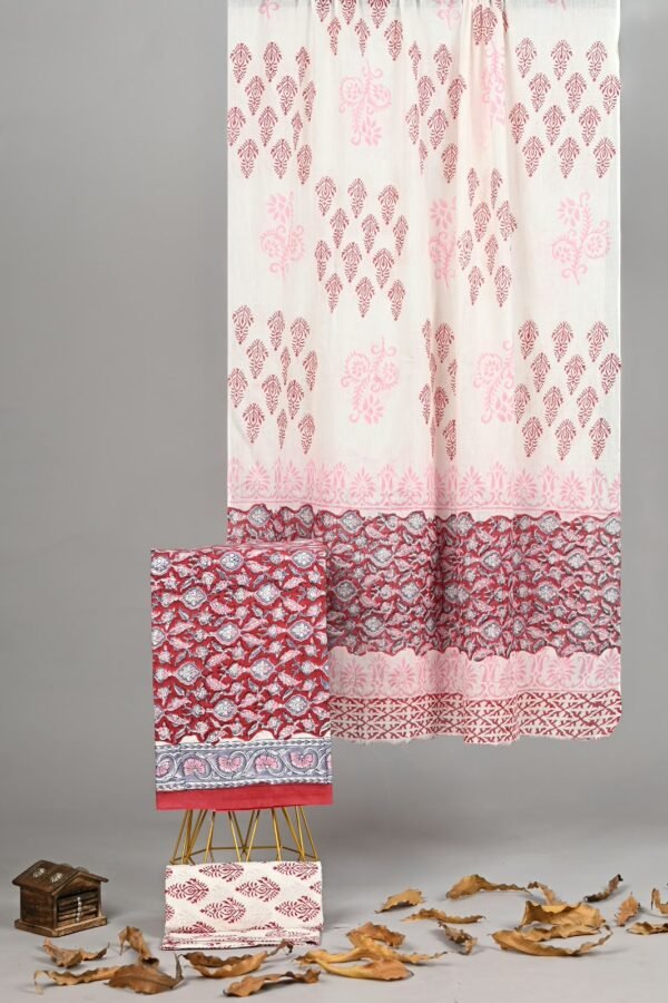 Cream cotton suit with pink-maroon paisley booti print and maroon border, matching cotton dupatta