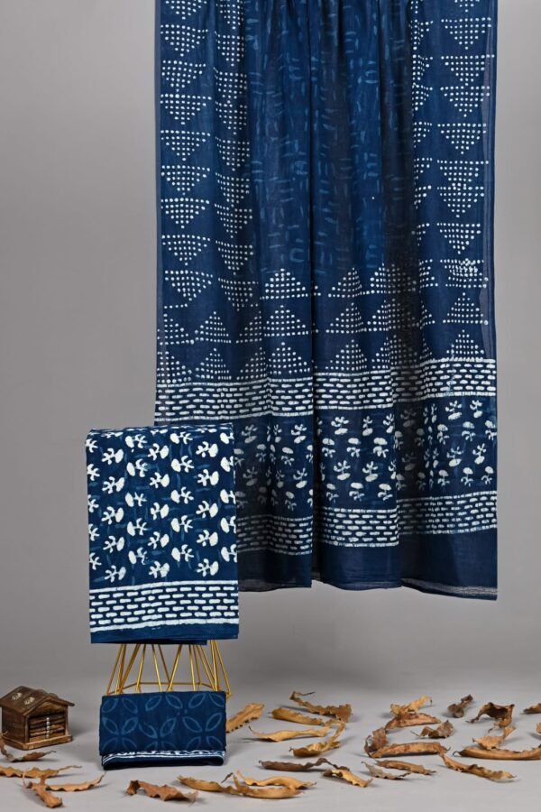 Indigo blue hand block printed cotton suit with dupatta showing dotted triangle and floral motifs