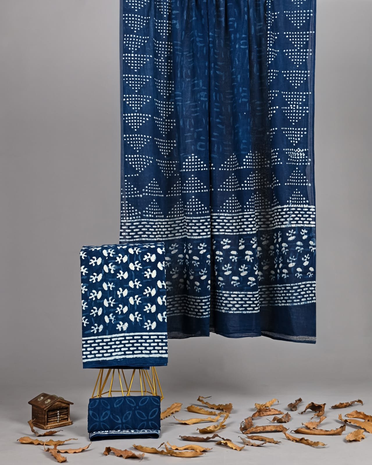 Indigo blue hand block printed cotton suit with dupatta showing dotted triangle and floral motifs