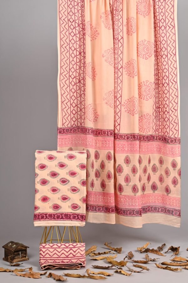Peach hand block printed cotton suit and dupatta with maroon paisley motif and zigzag border