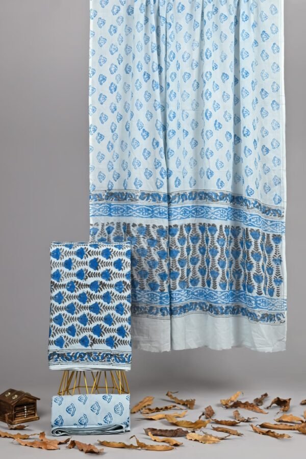 Ice blue hand block printed cotton suit with floral border and matching cotton dupatta