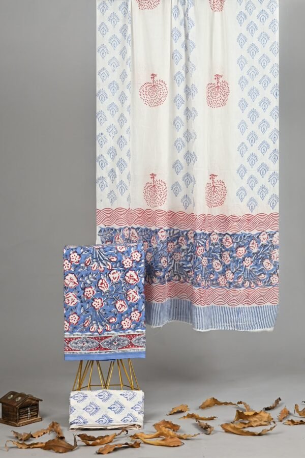 White hand block printed cotton suit with blue paisley booti and cotton dupatta with red floral border