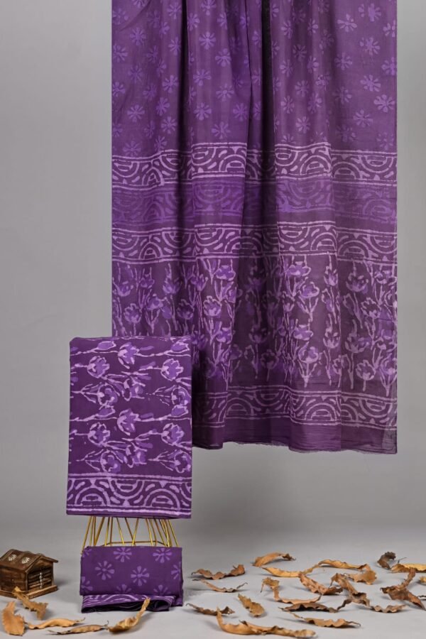 Purple hand block printed cotton suit set with floral arch border and matching cotton dupatta